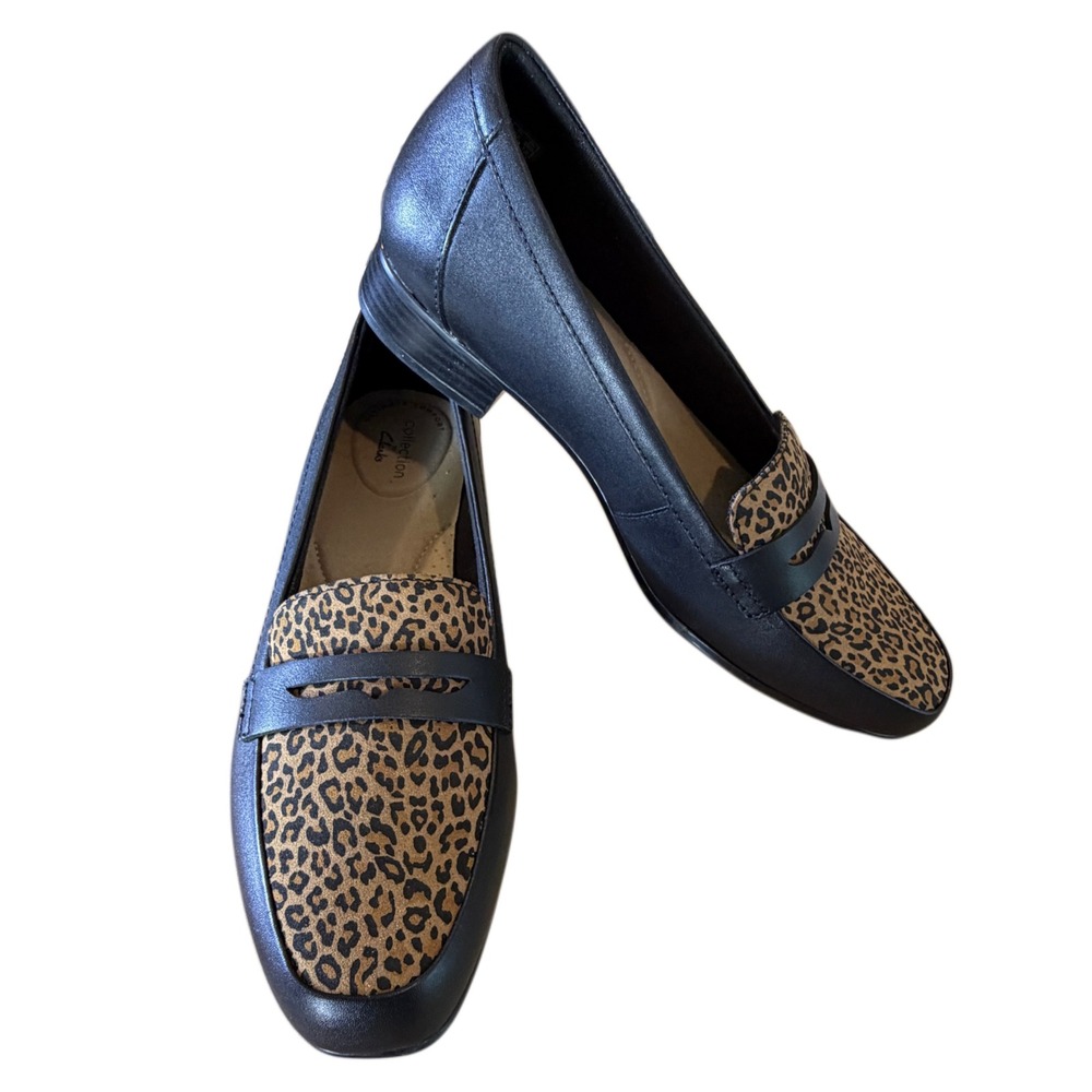 Clarks Juliet Coast Leather Leopard Penny Loafers‎ Comfort Shoes Women US 9M
